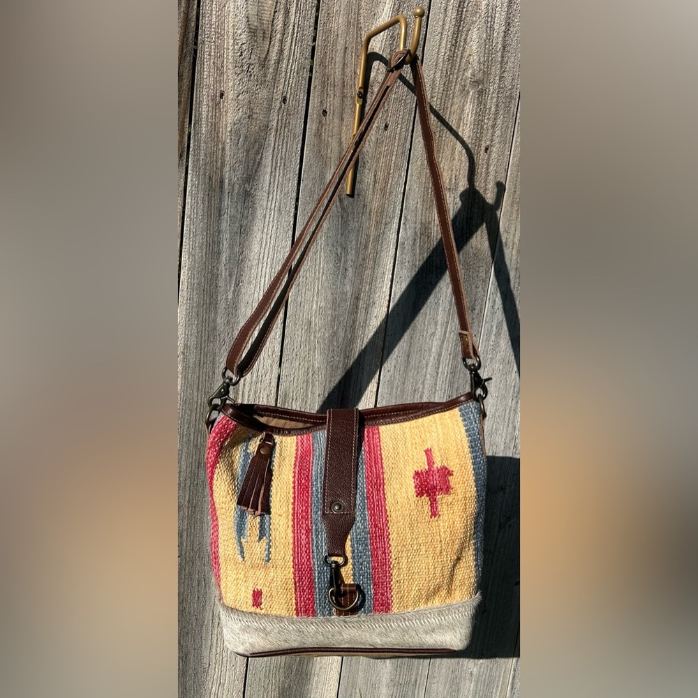 Myra Bag Yellow Western Shoulder Bag Gray Hairon Cowhide Canvas & Leather EUC - Picture 2 of 11